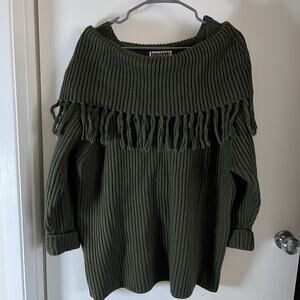 Vtg Forenza Wool Blend Sweater Womens M Green Fringed Cowlneck Boho Whimsigoth
